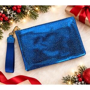 Royal Blue Glitter Wristlet Clutch Purse Gold Tone Hardware Detachable Strap